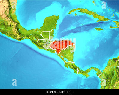 Honduras highlighted in red from Earth’s orbit. 3D illustration. Elements of this image furnished by NASA. Stock Photo