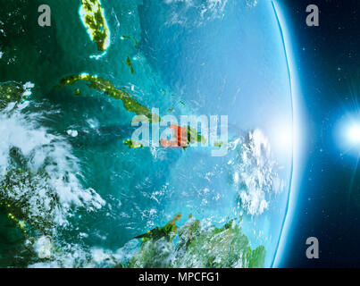 Haiti during sunrise highlighted in red on planet Earth with visible ...