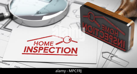 3D illustration of home inspector business card with rubber stamp, magnifier and blueprint Stock Photo