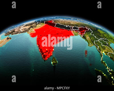 Morning above India highlighted in red on model of planet Earth in space with visible border lines and city lights. 3D illustration. Elements of this  Stock Photo