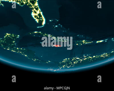 Jamaica at night highlighted in red on planet Earth. 3D illustration. Elements of this image furnished by NASA. Stock Photo