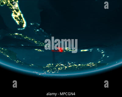 Haiti at night highlighted in red on planet Earth with clouds. 3D ...