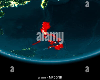 Philippines at night highlighted in red on planet Earth with clouds. 3D ...