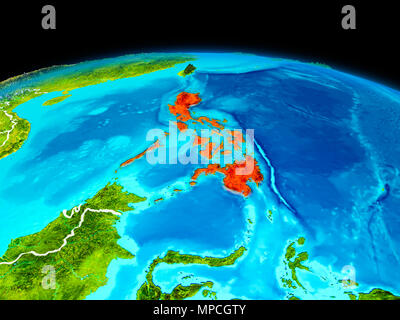 Satellite view of Philippines highlighted in red on planet Earth. 3D ...