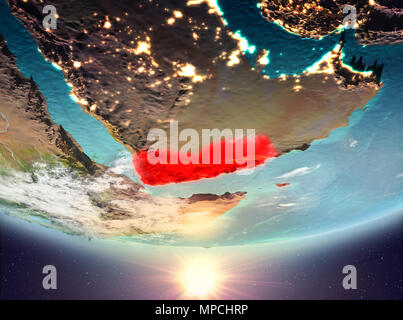 Yemen during sunrise highlighted in red on planet Earth with visible ...