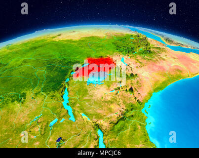 Satellite view of Uganda highlighted in red on planet Earth. 3D illustration. Elements of this image furnished by NASA. Stock Photo