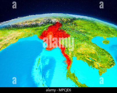 Satellite view of Myanmar highlighted in red on planet Earth. 3D illustration. Elements of this image furnished by NASA. Stock Photo