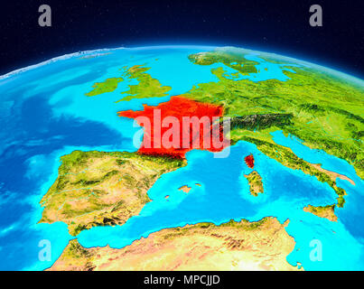 Satellite view of France highlighted in red on planet Earth. 3D illustration. Elements of this image furnished by NASA. Stock Photo