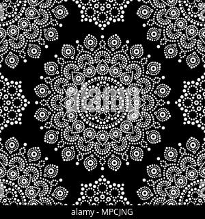 Dot painting monochrome vector seamless pattern with mandalas, Australian ethnic design, Aboriginal dots pattern in white Stock Vector