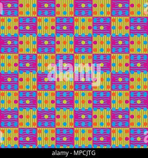 Abstract repeating pattern of multi-colored lines, squares and circles Stock Vector