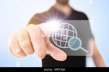 internet search concept with man touching icon on translucent screen interface Stock Photo