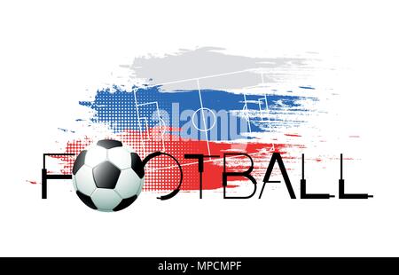 2018 Football background with realistic soccer ball, abstract Russian flag and soccer field. Vector illustration. Stock Vector