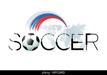 2018 Football background with realistic soccer ball, dotted world map and abstract Russian flag. Vector illustration. Stock Vector