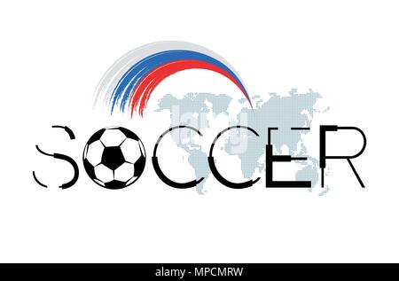2018 Football background with abstract soccer ball, dotted world map and Russian flag. Flat design. Vector illustration without transparence and gradi Stock Vector