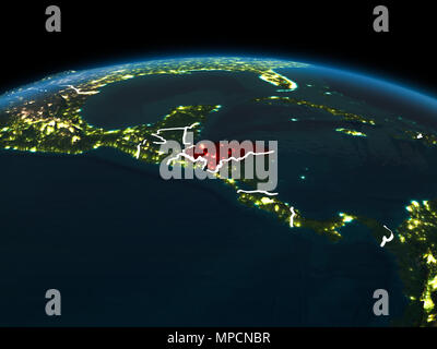 Space orbit view of Honduras highlighted in red on planet Earth at night with visible country borders and city lights. 3D illustration. Elements of th Stock Photo