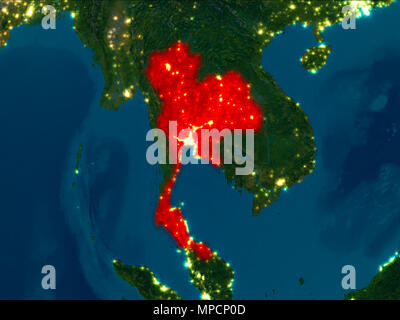 Satellite night view of Thailand highlighted in red on planet Earth. 3D illustration. Elements of this image furnished by NASA. Stock Photo