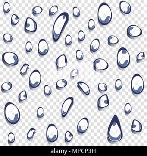 Isolated water drops with transparency gray and white square grid. Raindrop vector illustration collection. Macro rain drops on window glass-Vector Il Stock Vector