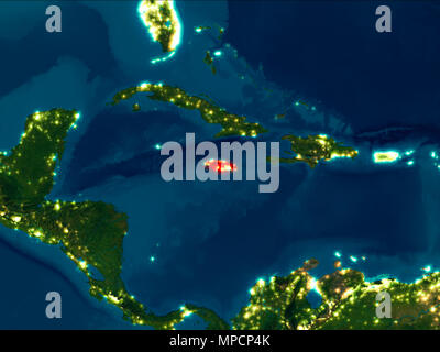 Satellite night view of Jamaica highlighted in red on planet Earth. 3D illustration. Elements of this image furnished by NASA. Stock Photo