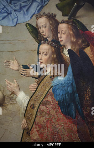 Adoration of the Angels depicted in the central panel of the Portinari Altarpiece (1476-1478) by Flemish Renaissance painter Hugo van der Goes on display in the Uffizi Gallery (Galleria degli Uffizi) in Florence, Tuscany, Italy. Stock Photo