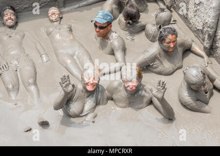 Cartagena, Colombia - March 23, 2017: People Taking Mud Bath In Crater Of Totumo Volcano Near Cartagena, Colombia Stock Photo