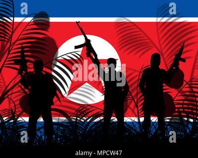 North Korea Military Soldiers And Flag 3d Illustration. Korean Infantry Confrontation Or Battle Force Weapons For Kim Jong Un Stock Photo