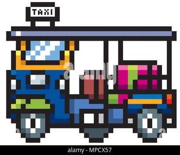 Vector illustration of Cartoon Three-wheeler,Tuk Tuk taxi car Thailand - Pixel design Stock Vector