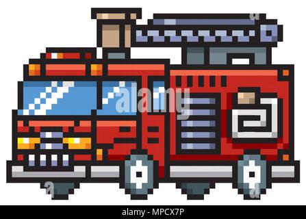 Vector illustration of Cartoon Fire truck - Pixel design Stock Vector