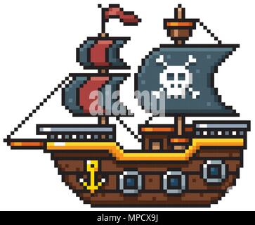Vector illustration of Cartoon Pirate ship - Pixel design Stock Vector