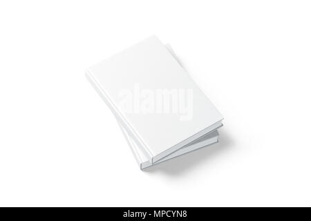 Blank white hardcover two books mock up, top view from the side, 3d rendering. Empty vertical hard cover notebooks on each other mock up, isolated. Ha Stock Photo