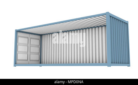 A blue shipping container with the whole side panel removed revealing ...