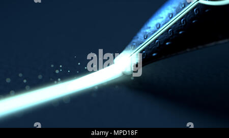 A closeup view of a futuristic fountain pen nib drawing a straight ink line in a glowing luminous color on a textured dark surface - 3D render Stock Photo
