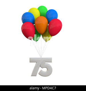 Number 75 party celebration. Number attached to a bunch of balloons. 3D Rendering Stock Photo