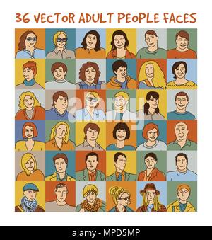 Adult people color faces characters set Stock Vector