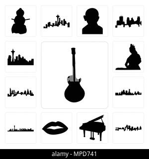 Set Of 13 simple editable icons such as image les paul, kansas city skyline, grand piano, lips, las vegas charlotte skyline can be used for mobile, we Stock Vector