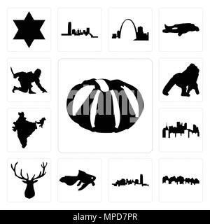 Set Of 13 simple editable icons such as pumpkin, utah, oklahoma, goldfish, elk head, pennsylvania state, india, gorilla, ninja can be used for mobile, Stock Vector