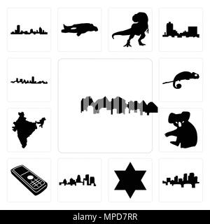 Set Of 13 simple editable icons such as utah, arkansas, star of david, kentucky state, cell phone, koala, india, chameleon, maryland outline, in black Stock Vector