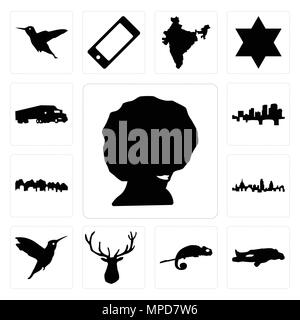 Set Of 13 simple editable icons such as afro, chalk, chameleon, elk head, hummingbird, london skyline, utah, arkansas, semi truck can be used for mobi Stock Vector