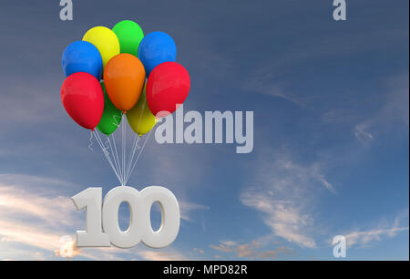 Number 100 party celebration. Number attached to a bunch of balloons. 3D Rendering Stock Photo