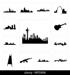 Set Of 13 simple editable icons such as seattle skyline on white background, , kansas city skyline, houston ak47, painter easel, pittsburgh can be use Stock Vector