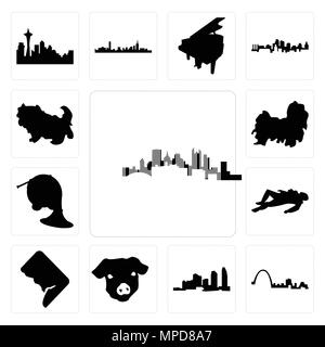 Set Of 13 simple editable icons such as pittsburgh skyline, st louis long island, pig face, dc, crime scene body, french horn, shih tzu, tzu can be us Stock Vector