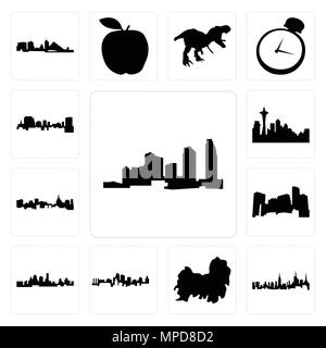 Set Of 13 simple editable icons such as long island, nyc skyline, shih tzu, kansas city minnesota, st paul skyline on white background, can be used fo Stock Vector