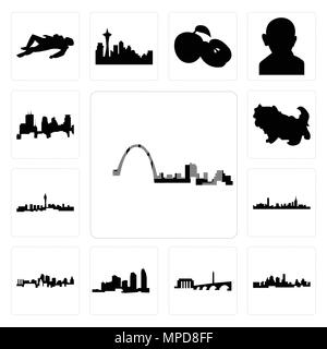 Set Of 13 simple editable icons such as st louis skyline, kansas city dc long island, boston skyline on white background, can be used for mobile, web  Stock Vector