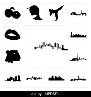Set Of 13 simple editable icons such as pittsburgh skyline, las vegas minneapolis skyline on white background, , kansas city long island, dc can be us Stock Vector