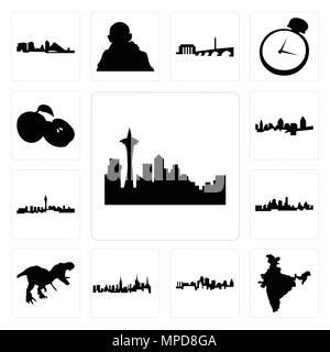 Set Of 13 simple editable icons such as seattle skyline on white background, , india map, kansas city skyline, nyc t rex, las vegas can be used for mo Stock Vector