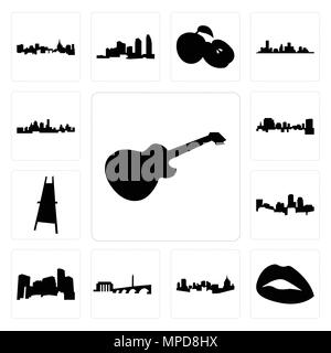 Set Of 13 simple editable icons such as image les paul, lips, pittsburgh skyline, dc minnesota, boston skyline on white background, , painter easel ca Stock Vector