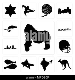 Set Of 13 simple editable icons such as gorilla, kangaroo outline on white background, india, goldfish, turkey leg, football helmet, alabama, chameleo Stock Vector