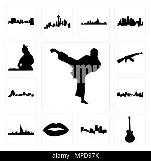 Set Of 13 simple editable icons such as karate kick, image les paul, boston skyline on white background, , lips, dubai skyline, st paul background, ca Stock Vector