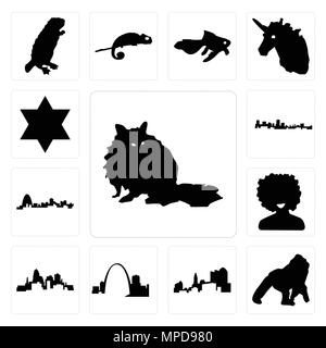 Set Of 13 simple editable icons such as raccoon, gorilla, ohio, missouri, , afro, maryland outline, in black, star of david can be used for mobile, we Stock Vector