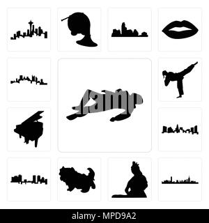 Set Of 13 simple editable icons such as crime scene body, boston skyline on white background, , lord shiva outline images shih tzu can be used for mob Stock Vector