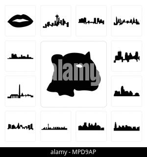 Set Of 13 simple editable icons such as jaguar face, chicago skyline, minneapolis skyline on white background, , las vegas charlotte austin can be use Stock Vector